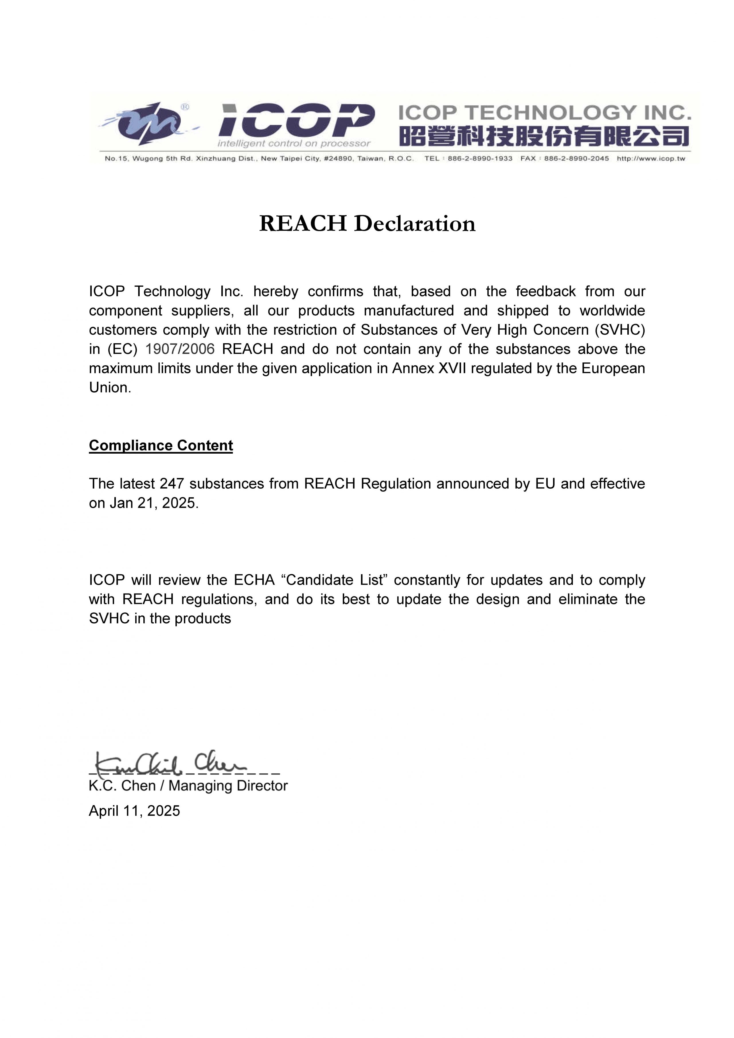 ICOP REACH CERTIFICATE